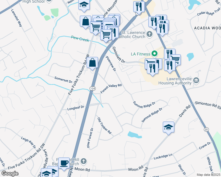map of restaurants, bars, coffee shops, grocery stores, and more near 211 Forest Valley Road in Lawrenceville