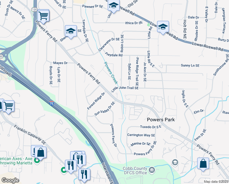 map of restaurants, bars, coffee shops, grocery stores, and more near 595 Saint James Walk Southeast in Marietta