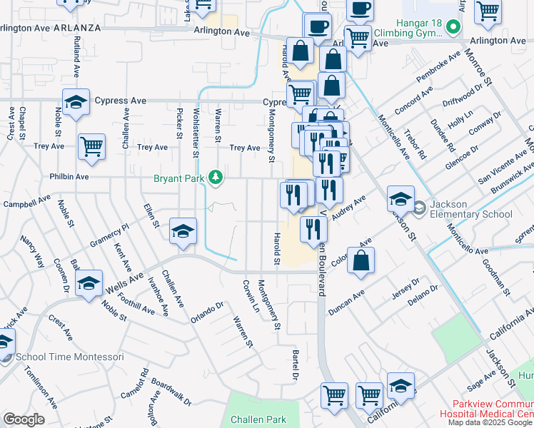 map of restaurants, bars, coffee shops, grocery stores, and more near 5599 Montgomery Street in Riverside