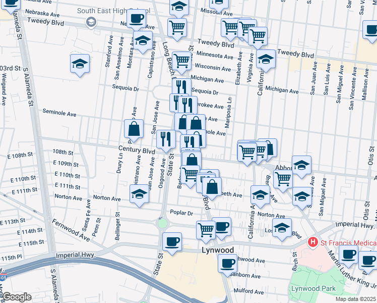 map of restaurants, bars, coffee shops, grocery stores, and more near in Lynwood