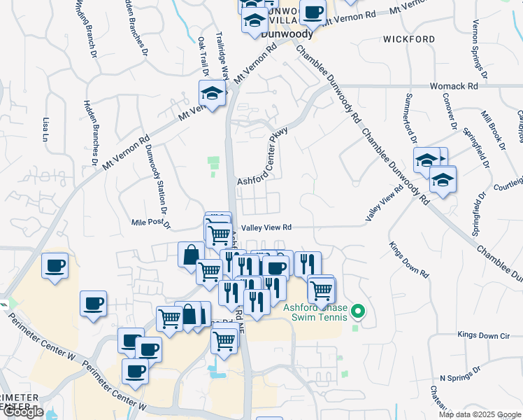 map of restaurants, bars, coffee shops, grocery stores, and more near 1231 Ashford Center Parkway in Atlanta