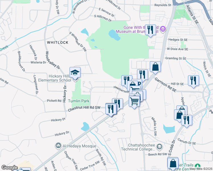 map of restaurants, bars, coffee shops, grocery stores, and more near 268 Toweridge Drive Southwest in Marietta