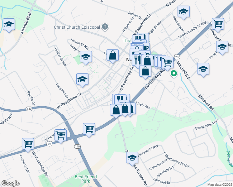 map of restaurants, bars, coffee shops, grocery stores, and more near 420 South Peachtree Street in Norcross