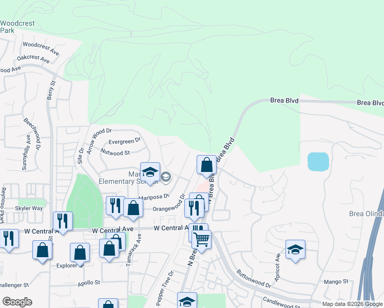 map of restaurants, bars, coffee shops, grocery stores, and more near 1290 Mariposa Drive in Brea