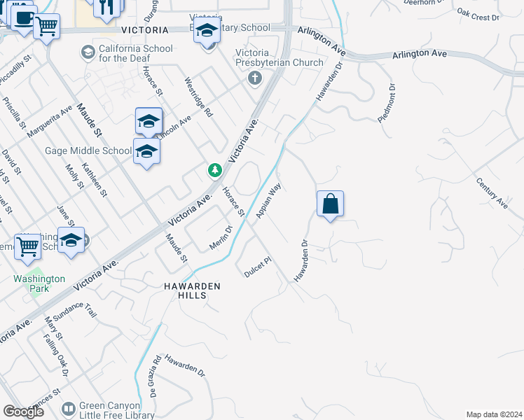 map of restaurants, bars, coffee shops, grocery stores, and more near 6255 Appian Way in Riverside