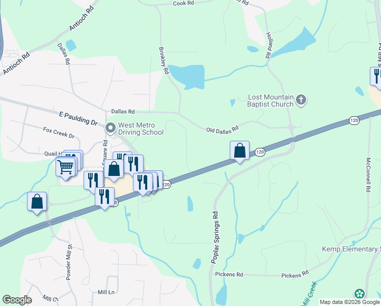 map of restaurants, bars, coffee shops, grocery stores, and more near 5723 Old Dallas Road in Powder Springs