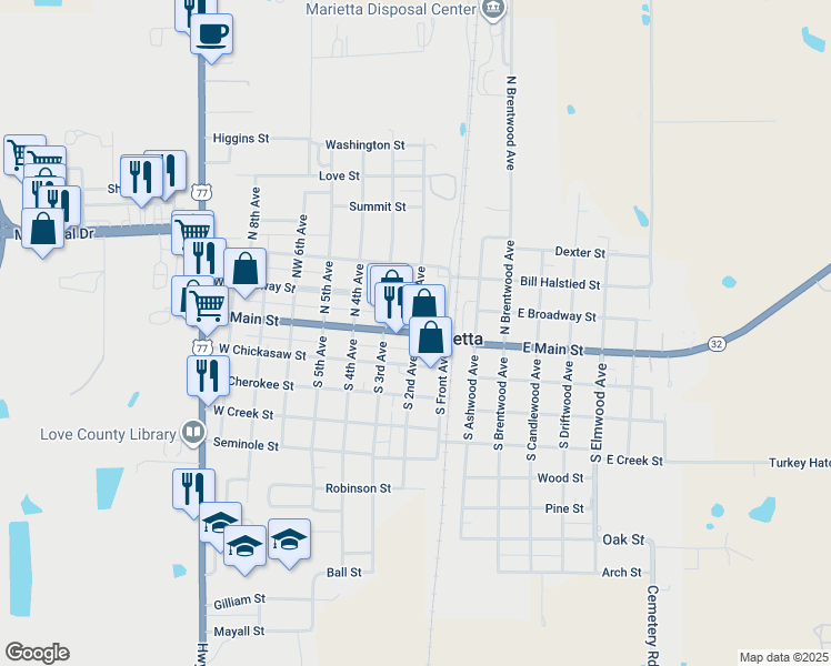 map of restaurants, bars, coffee shops, grocery stores, and more near 114 West Main Street in Marietta