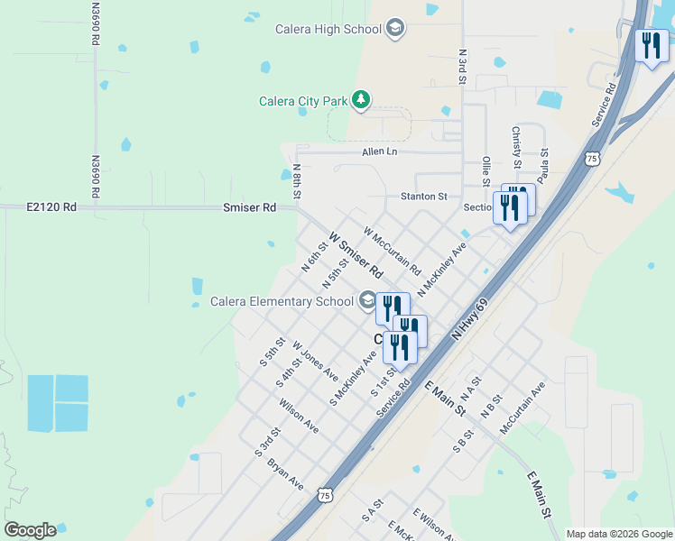 map of restaurants, bars, coffee shops, grocery stores, and more near 212 North 5th Street in Calera