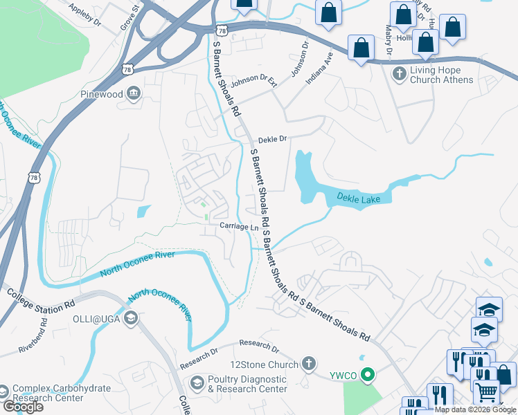 map of restaurants, bars, coffee shops, grocery stores, and more near 660 South Barnett Shoals Road in Athens