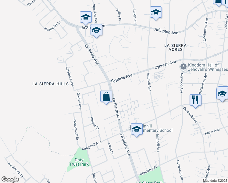 map of restaurants, bars, coffee shops, grocery stores, and more near 5925 La Sierra Avenue in Riverside