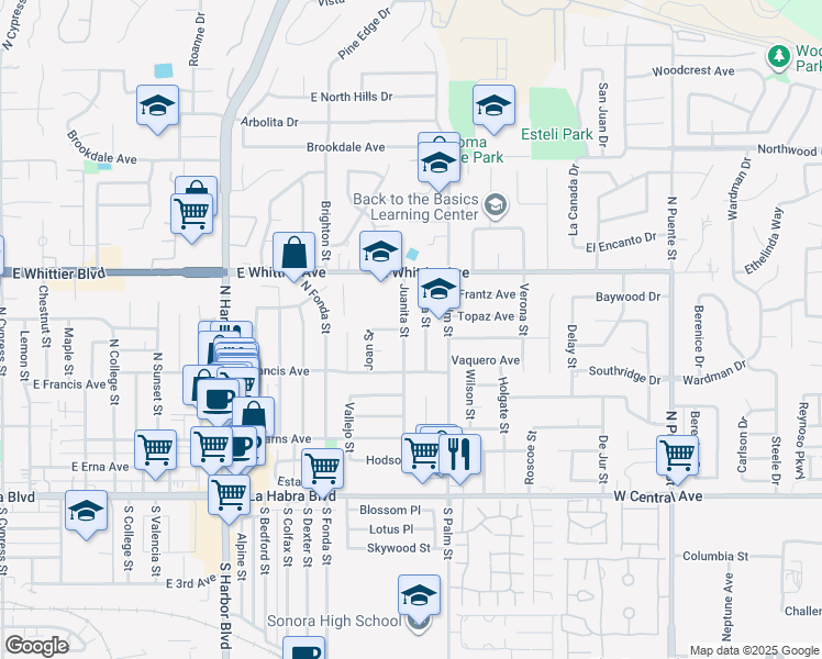 map of restaurants, bars, coffee shops, grocery stores, and more near 600 Juanita Street in La Habra