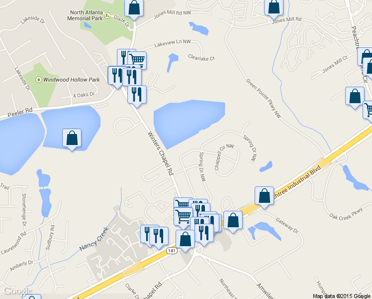 map of restaurants, bars, coffee shops, grocery stores, and more near 3347 Chappell Lane Northwest in Doraville