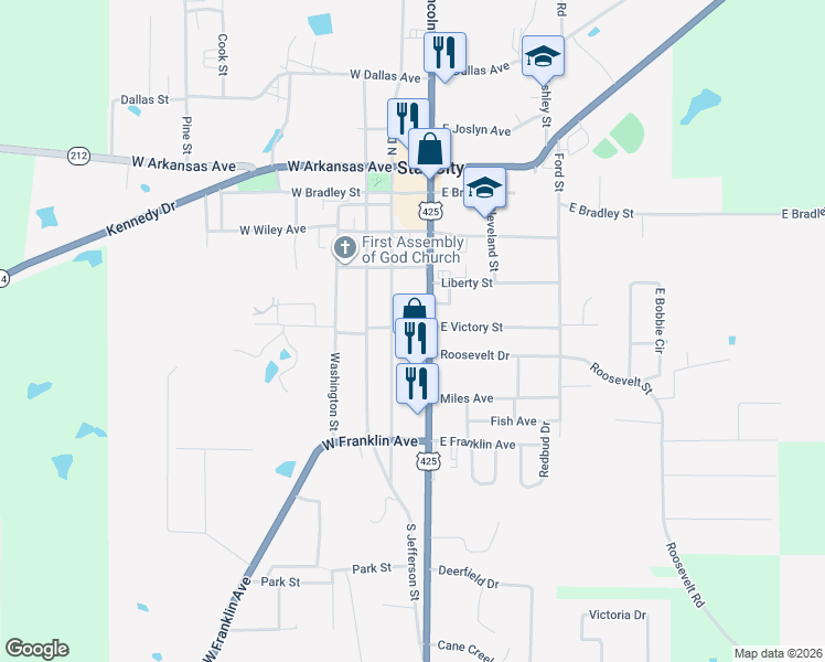 map of restaurants, bars, coffee shops, grocery stores, and more near 106 West Victory Street in Star City