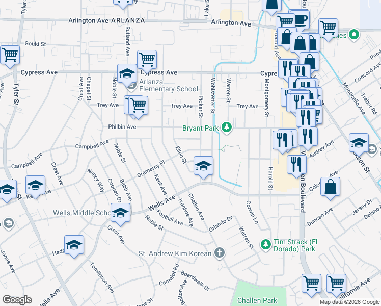 map of restaurants, bars, coffee shops, grocery stores, and more near 8400 Gramercy Place in Riverside