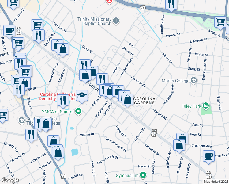 map of restaurants, bars, coffee shops, grocery stores, and more near 111 Highland Avenue in Sumter