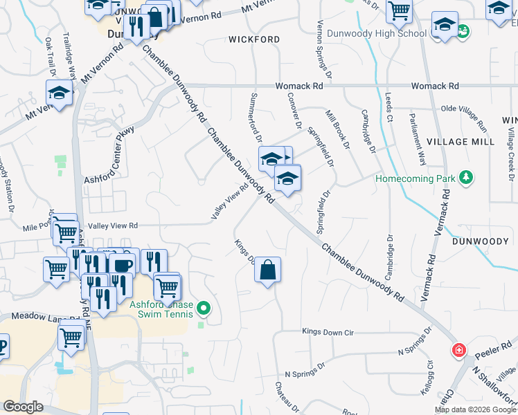 map of restaurants, bars, coffee shops, grocery stores, and more near 4835 Kings Down Road in Dunwoody