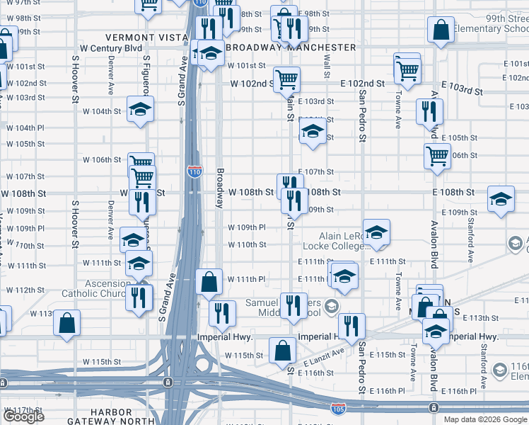 map of restaurants, bars, coffee shops, grocery stores, and more near 144 West 109th Street in Los Angeles