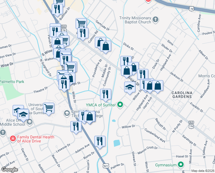 map of restaurants, bars, coffee shops, grocery stores, and more near 95 Community Street in Sumter