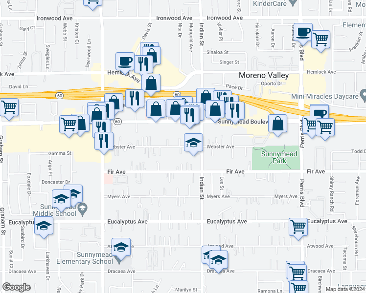map of restaurants, bars, coffee shops, grocery stores, and more near 24422 Webster Avenue in Moreno Valley