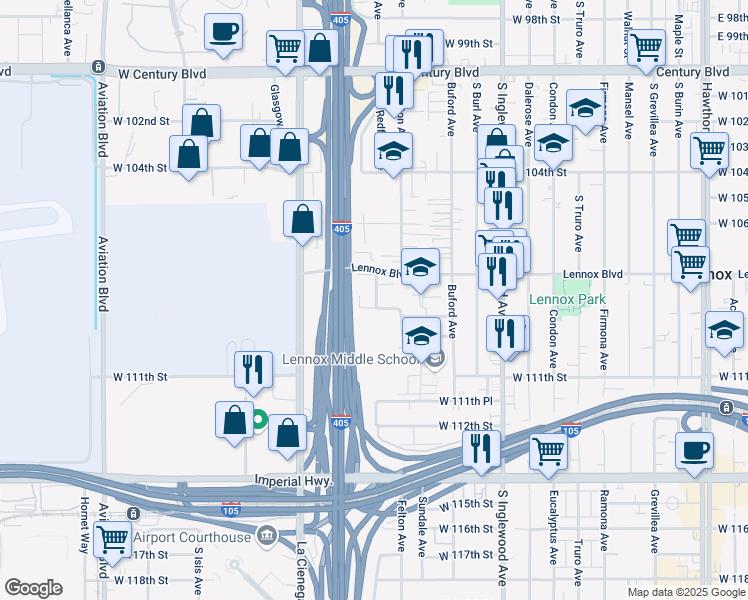map of restaurants, bars, coffee shops, grocery stores, and more near 10827 1/2 Redfern Avenue in Inglewood