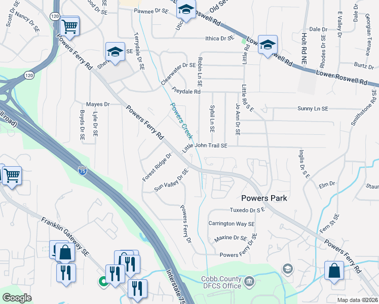 map of restaurants, bars, coffee shops, grocery stores, and more near 599 Saint James Walk Southeast in Marietta