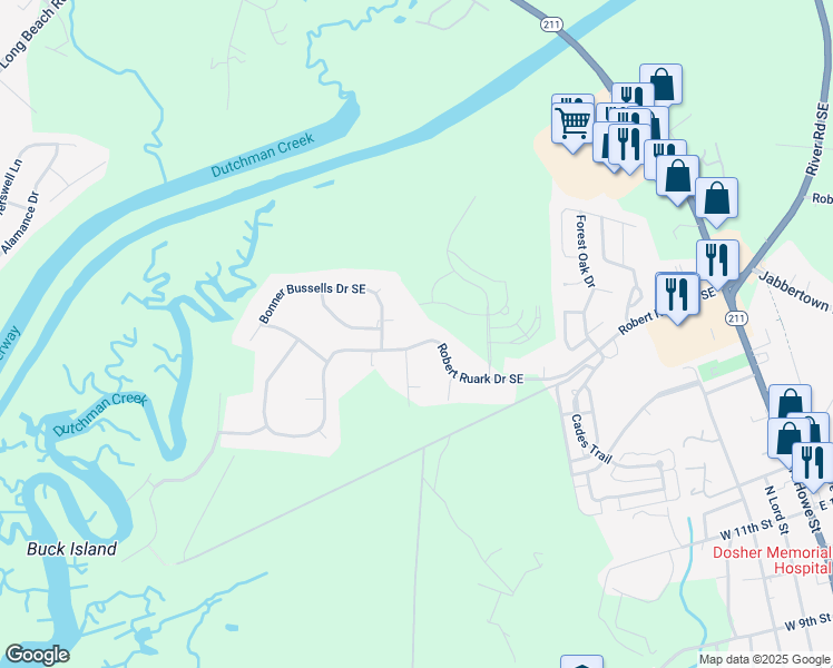 map of restaurants, bars, coffee shops, grocery stores, and more near 3010 Robert Ruark Drive Southeast in Southport