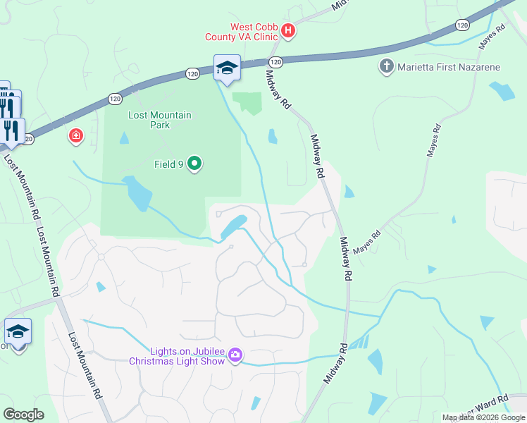 map of restaurants, bars, coffee shops, grocery stores, and more near 651 Goldenwood Court in Powder Springs