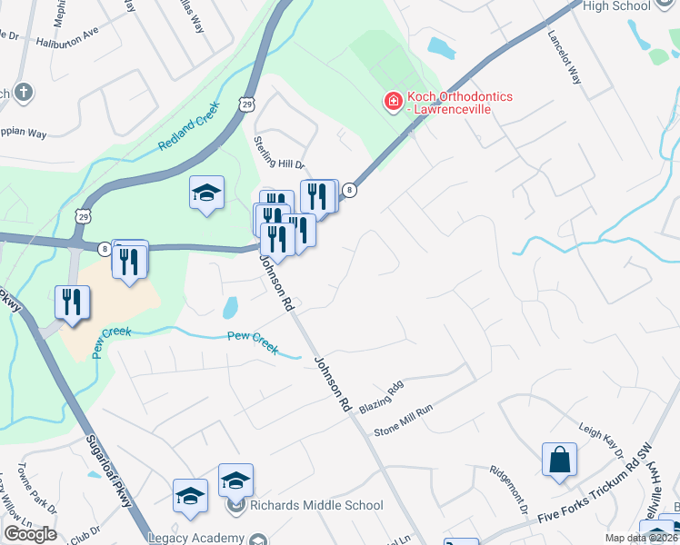 map of restaurants, bars, coffee shops, grocery stores, and more near 1105 Dogwood Park Drive in Lawrenceville