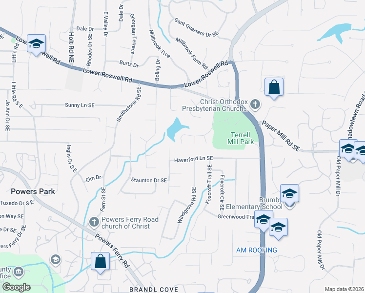 map of restaurants, bars, coffee shops, grocery stores, and more near 491 Timberlea Lake Drive Southeast in Marietta