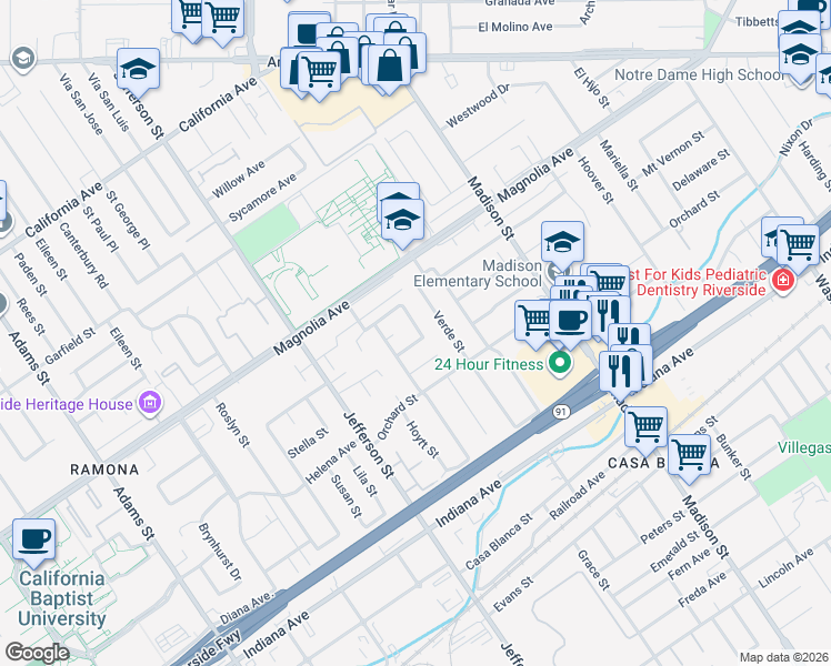 map of restaurants, bars, coffee shops, grocery stores, and more near 7721 Bayberry Avenue in Riverside