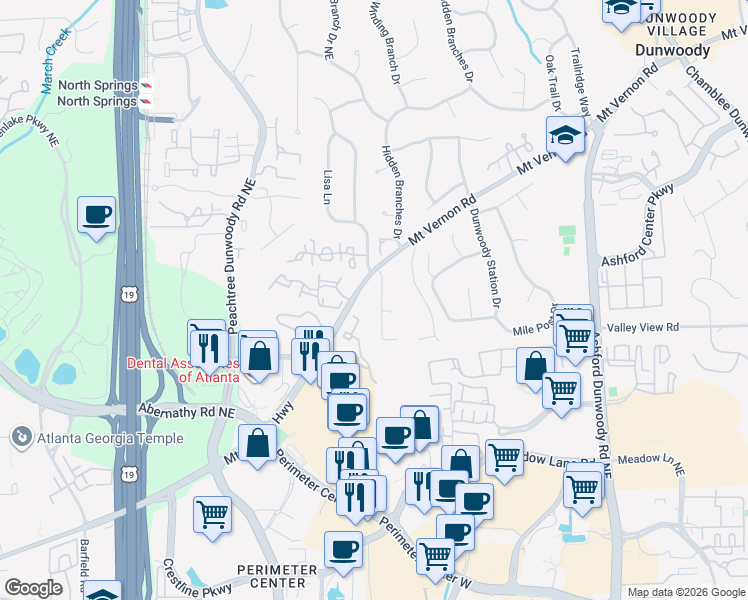 map of restaurants, bars, coffee shops, grocery stores, and more near 4782 Layfield Drive in Dunwoody