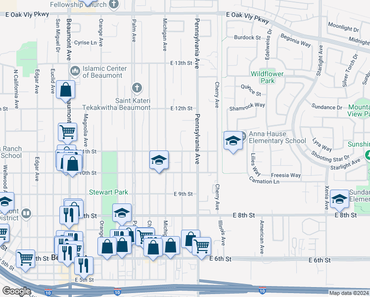 map of restaurants, bars, coffee shops, grocery stores, and more near 1106 East 11th Street in Beaumont