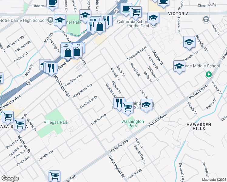 map of restaurants, bars, coffee shops, grocery stores, and more near 3005 Bautista Street in Riverside