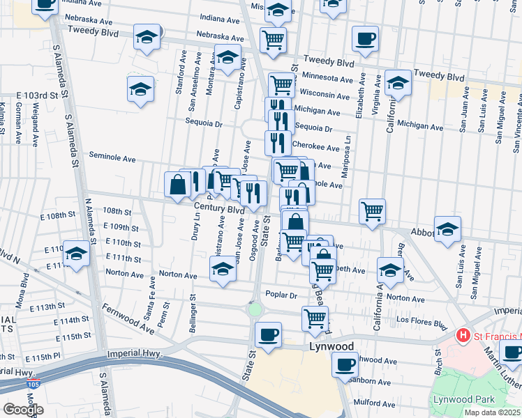 map of restaurants, bars, coffee shops, grocery stores, and more near 3173 Century Boulevard in South Gate