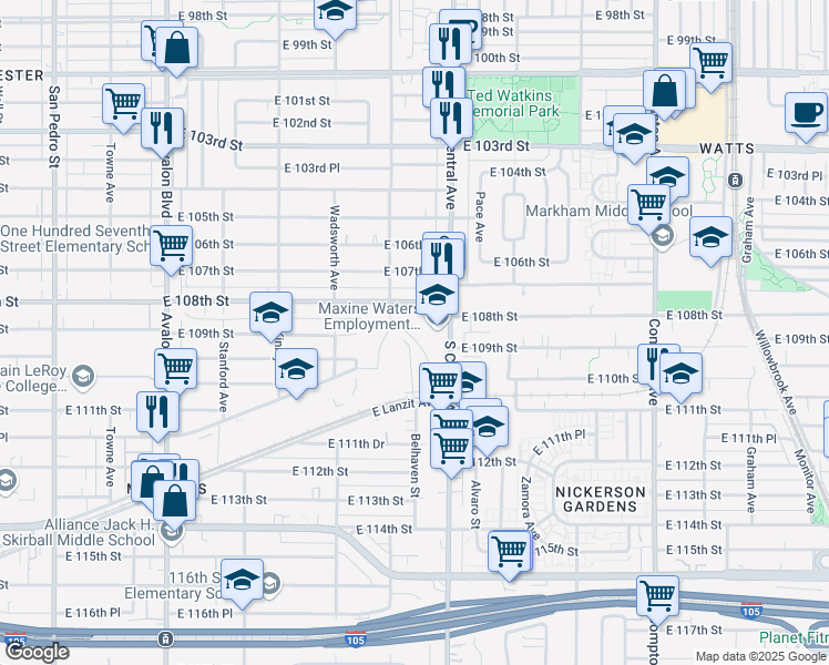 map of restaurants, bars, coffee shops, grocery stores, and more near 930 East 111th Place in Los Angeles