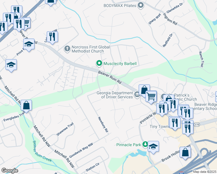 map of restaurants, bars, coffee shops, grocery stores, and more near 5299 Weyden Court in Norcross
