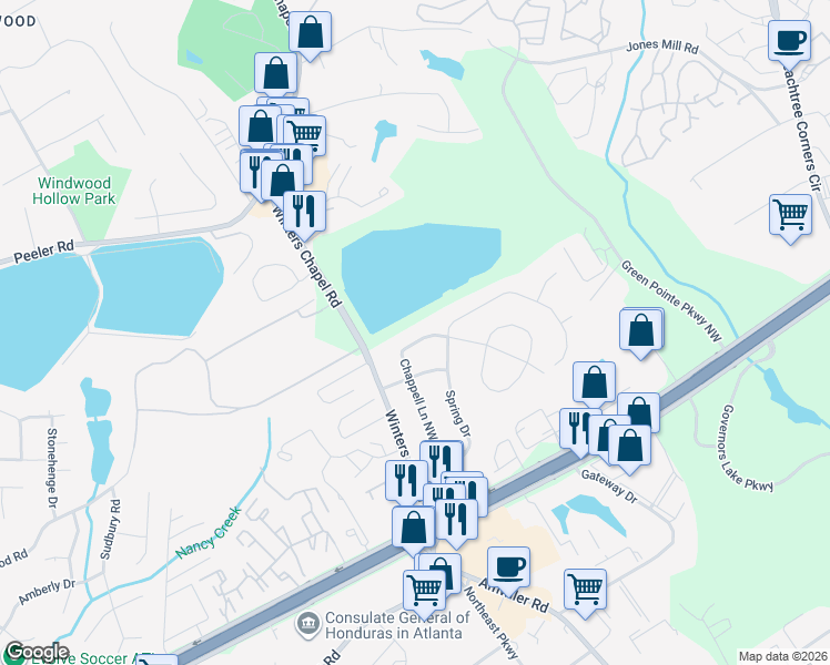 map of restaurants, bars, coffee shops, grocery stores, and more near 3347 Chappell Lane Northwest in Doraville