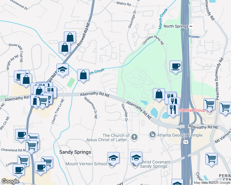 map of restaurants, bars, coffee shops, grocery stores, and more near 527 Willow Heights Drive Northeast in Sandy Springs