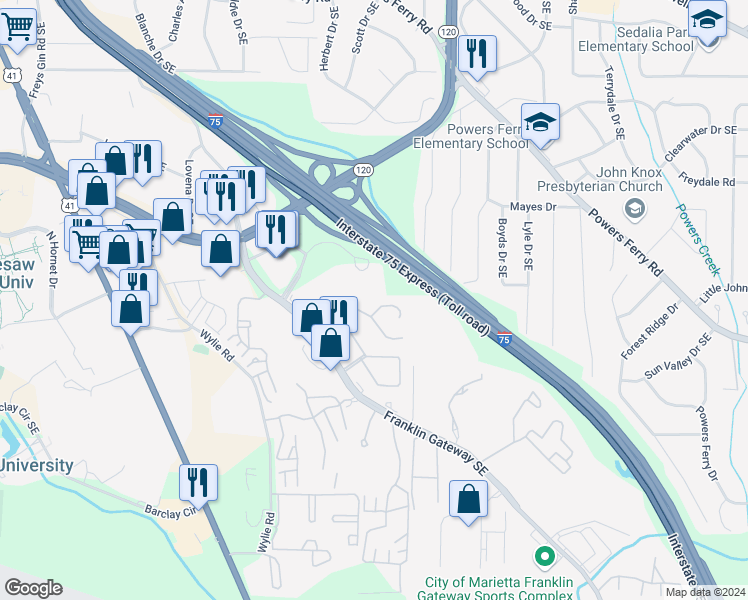 map of restaurants, bars, coffee shops, grocery stores, and more near 1723 Twin Brooks Drive Southeast in Marietta
