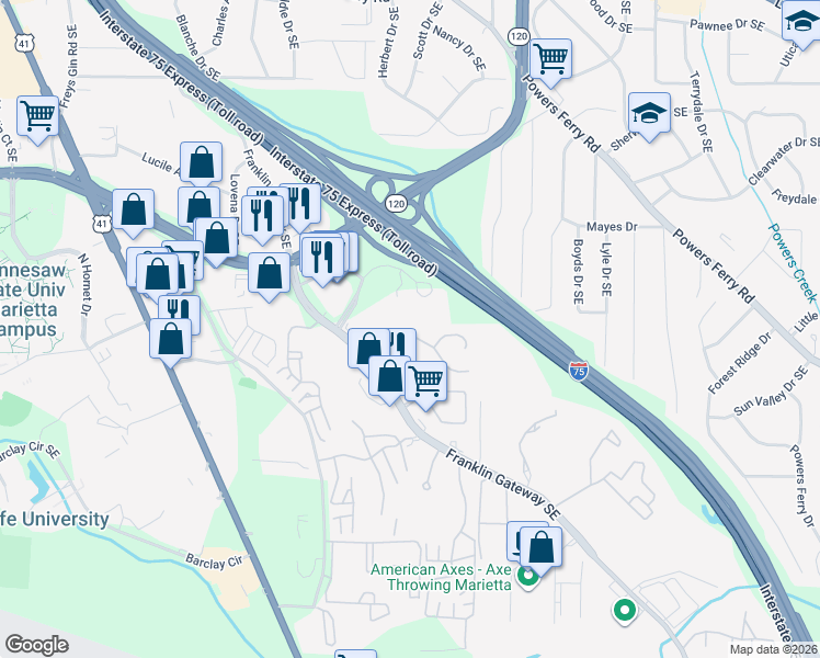map of restaurants, bars, coffee shops, grocery stores, and more near 1723 Twin Brooks Drive Southeast in Marietta