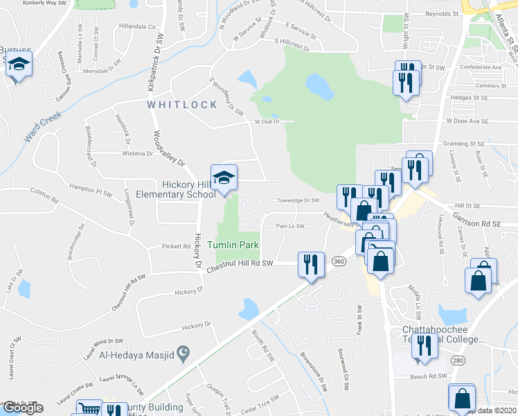 map of restaurants, bars, coffee shops, grocery stores, and more near 399 Promenade Court in Marietta