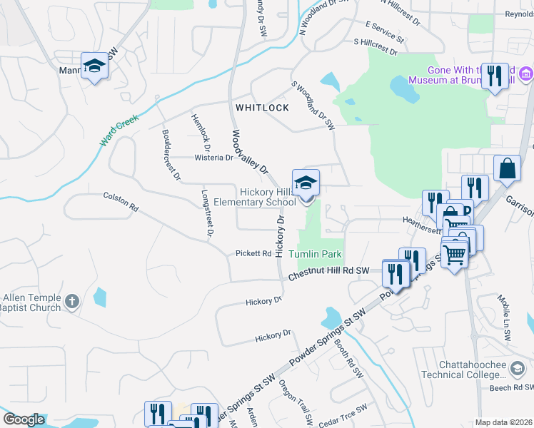map of restaurants, bars, coffee shops, grocery stores, and more near 479 Banks Street in Marietta
