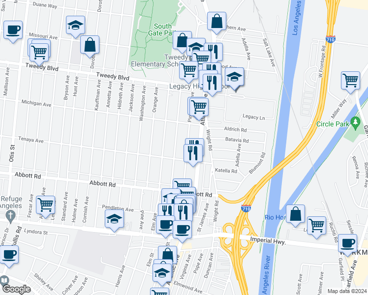 map of restaurants, bars, coffee shops, grocery stores, and more near 10317 Pinehurst Avenue in South Gate