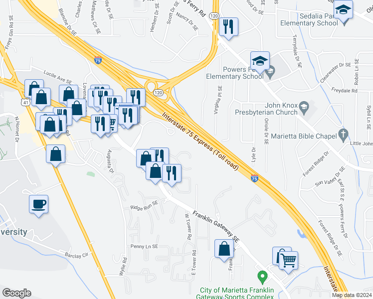 map of restaurants, bars, coffee shops, grocery stores, and more near 723 Twin Brooks Court in Marietta
