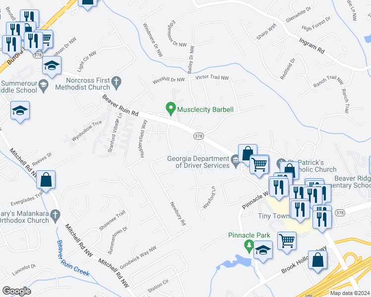 map of restaurants, bars, coffee shops, grocery stores, and more near 5299 Weyden Court in Norcross