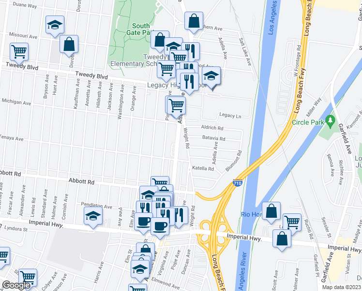 map of restaurants, bars, coffee shops, grocery stores, and more near 10312 Atlantic Avenue in South Gate