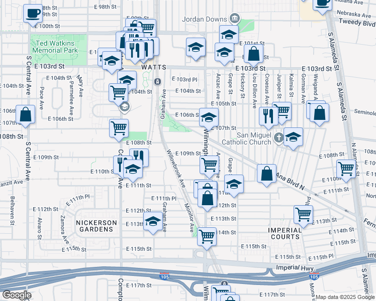 map of restaurants, bars, coffee shops, grocery stores, and more near 1803 East 109th Place in Los Angeles