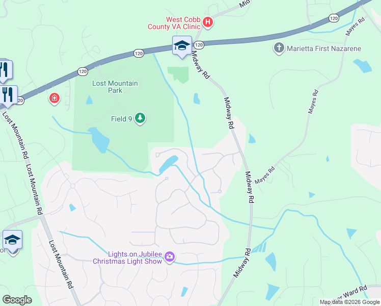 map of restaurants, bars, coffee shops, grocery stores, and more near 651 Goldenwood Court in Powder Springs