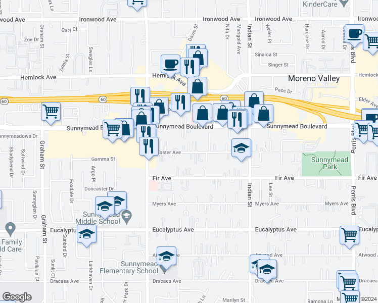 map of restaurants, bars, coffee shops, grocery stores, and more near 24214 Webster Avenue in Moreno Valley