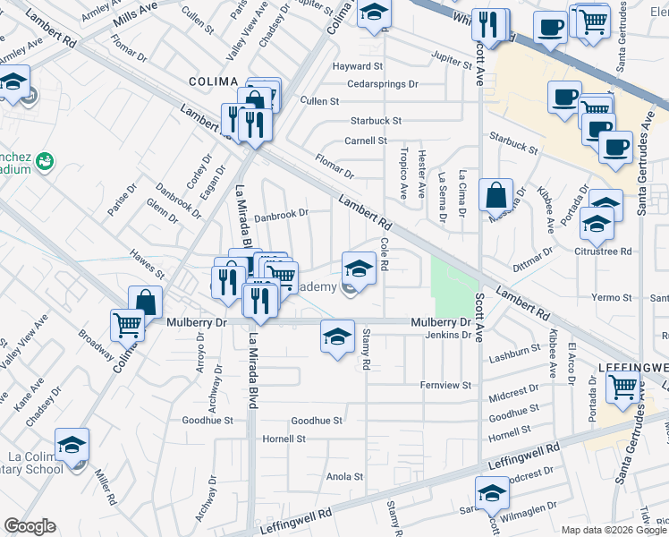 map of restaurants, bars, coffee shops, grocery stores, and more near 15100 Dunton Drive in Whittier